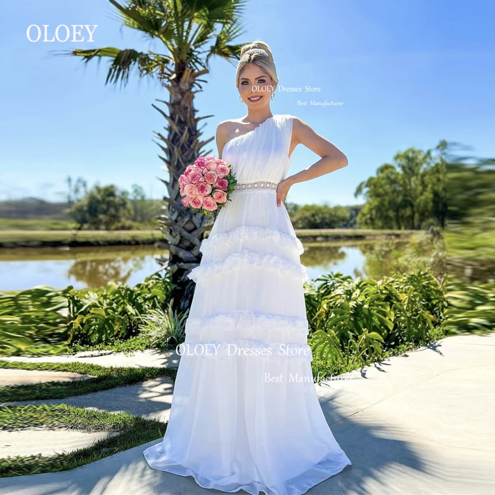 

OLOEY Vintage White Chiffon A Line Wedding Dresses Boho One Shoulder Tiered One Shoulder Country Bridal Gowns Evening Party
