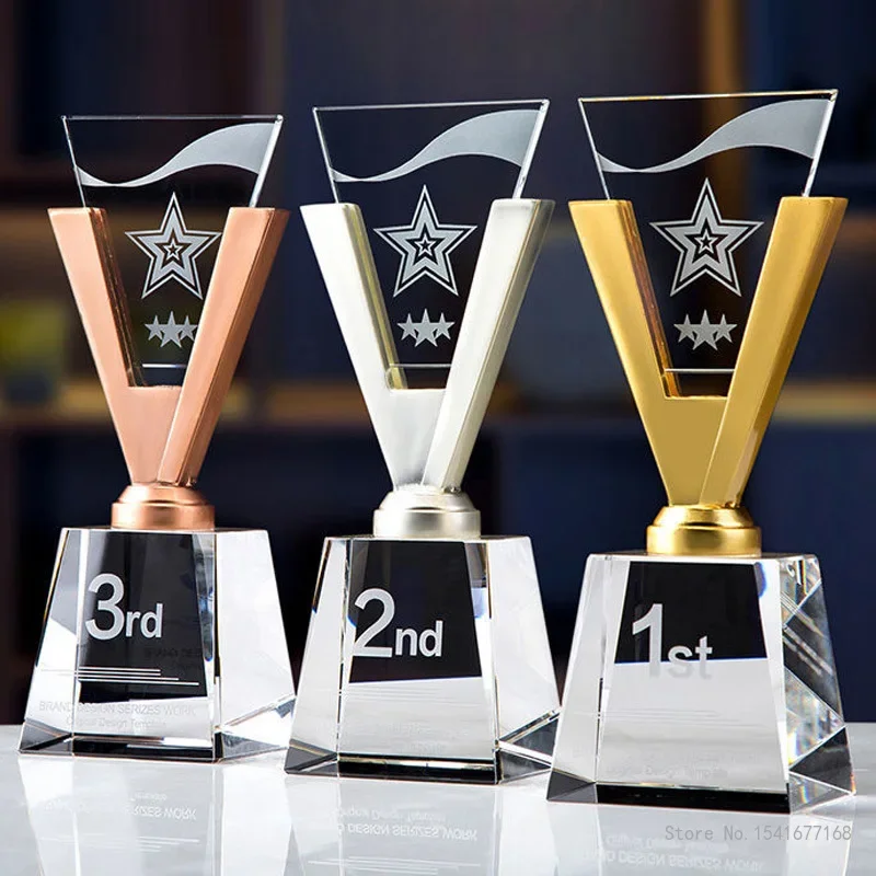 Customized V-shaped Crystal Trophy, Body Metal, Custom Gold, Silver Bronze, Annual Conference Award, Home Office Decoration, 1Pc