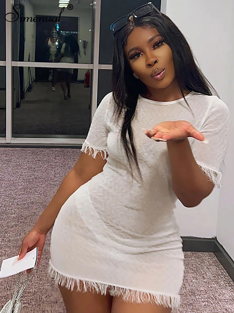 

Simenual Sexy Transparent Solid Dresses for Women 2023 Short Sleeve Tassel Skinny Mini Dress Spring Holiady Party Club Clothing