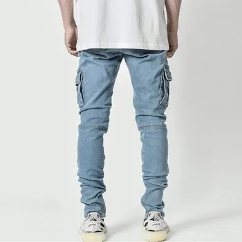 Street Elastic Jeans Men Denim Cargo Pants Wash Solid Color Multi Pockets Casual Mid Waist Trousers Slim Fit Daily Wear Joggers 3