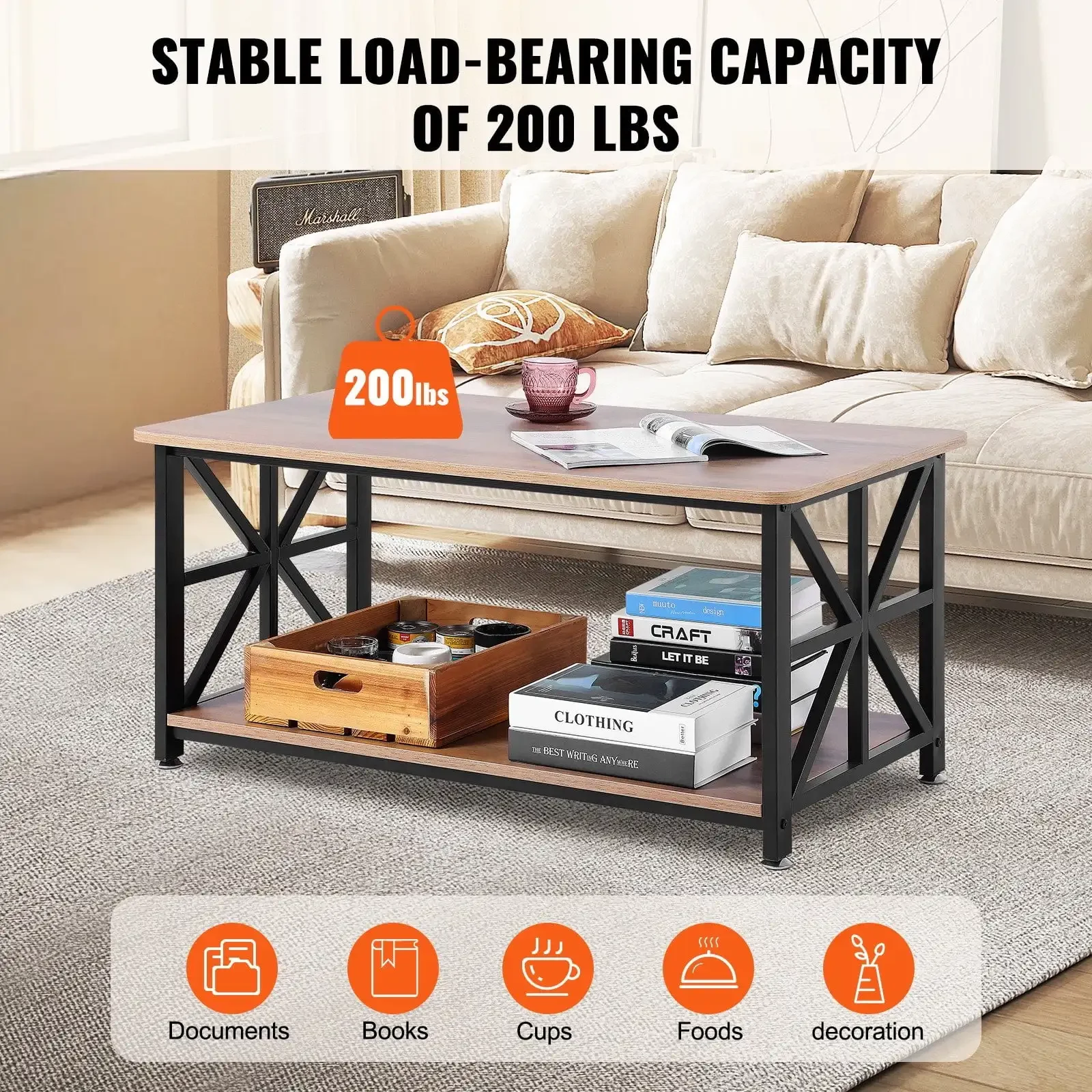 40" Farmhouse Coffee Table, Rectangle Coffee Table with Open Storage Compartment 4