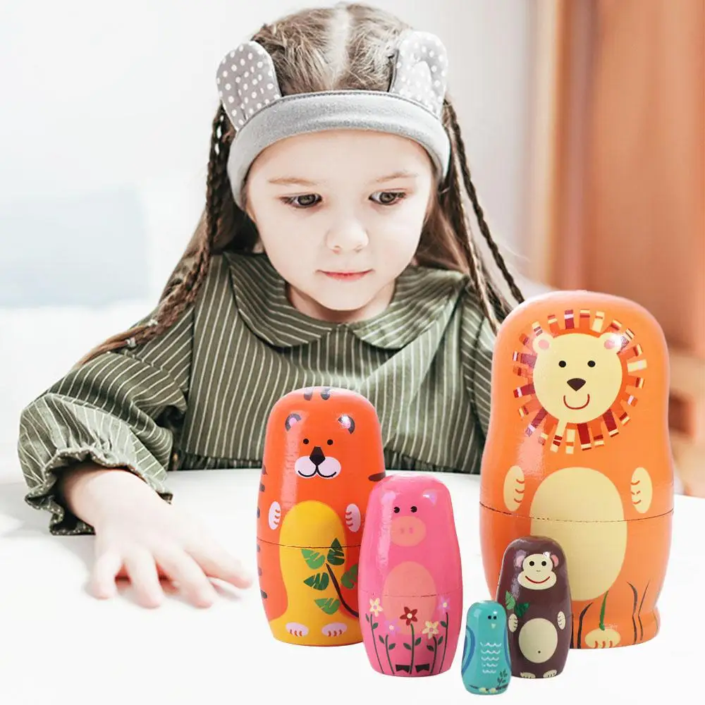 Home Decor Wooden Nesting Dolls Animals Pattern Decorations Matryoshka Doll Toys Colorful Cartoon Stacking Dolls Chidrens Gift