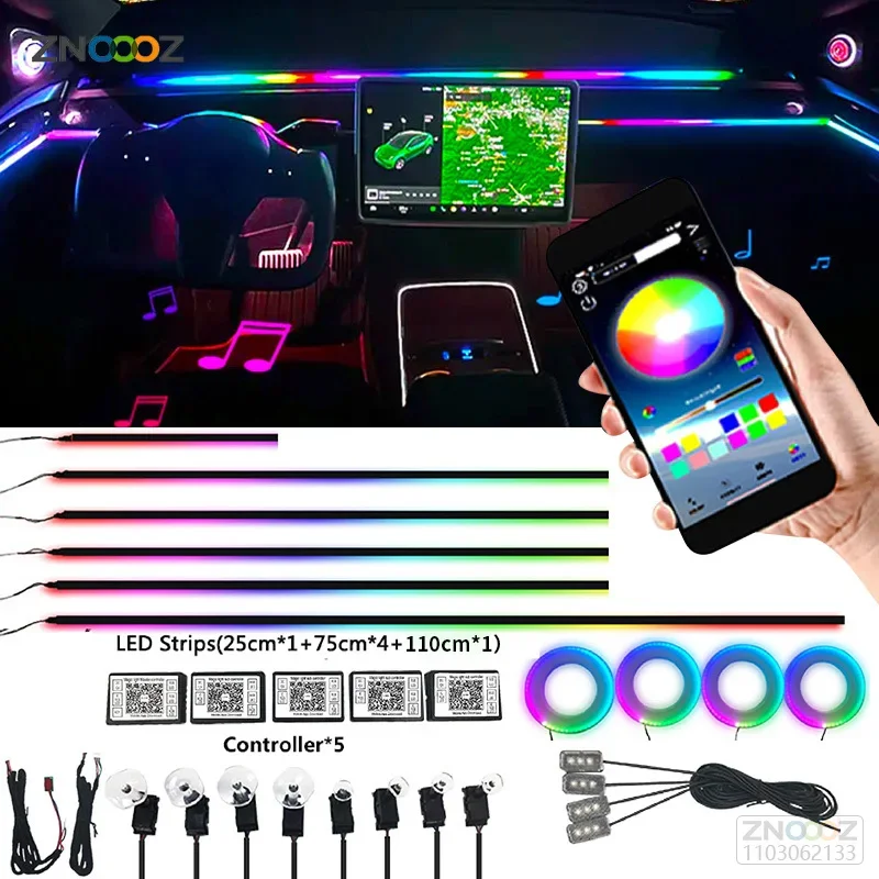 18IN1 Neon Car Interior Ambient Lights APP DIY Control Acrylic Strip Light Guide Fiber Optic RGB Auto Decoration Atmosphere Lamp