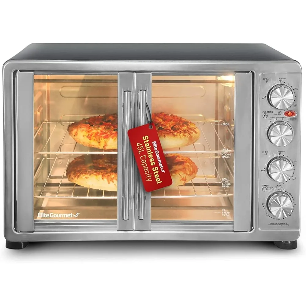 2023 Elite Gourmet ETO4510B# French Door 47.5Qt, 18-Slice Convection Oven 4-Control Knobs, Bake Broil Toast Rotisserie Keep Warm