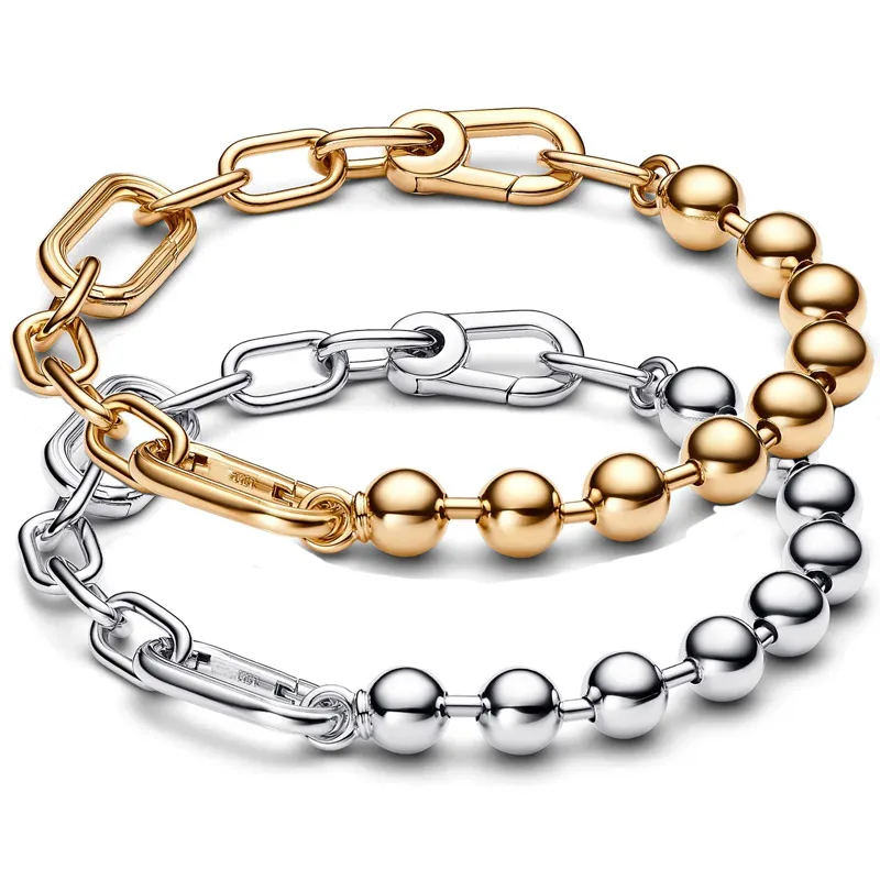 Original Golden & Silver ME Metal Bead & Link Chain Bracelet Fit Europe 925 Sterling Silver Bangle Bead Charm Diy Jewelry