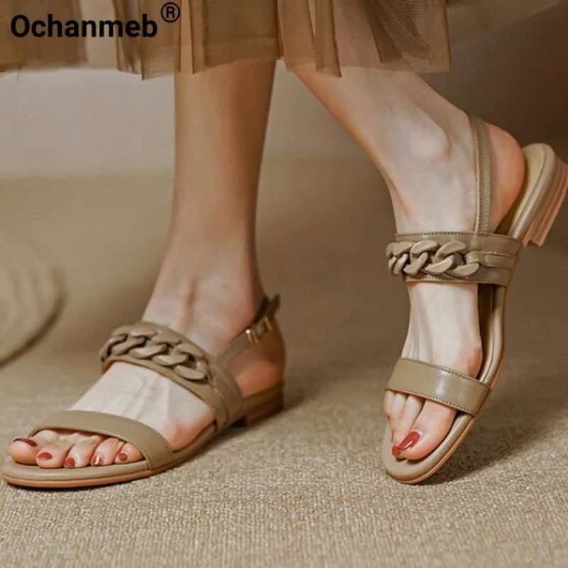 

Ochanmeb Women's Sandals Genuine Leather Shoes Flat Heel Chains Slingback Buckle Strap Flats Summer White Simply Ladies Footwear