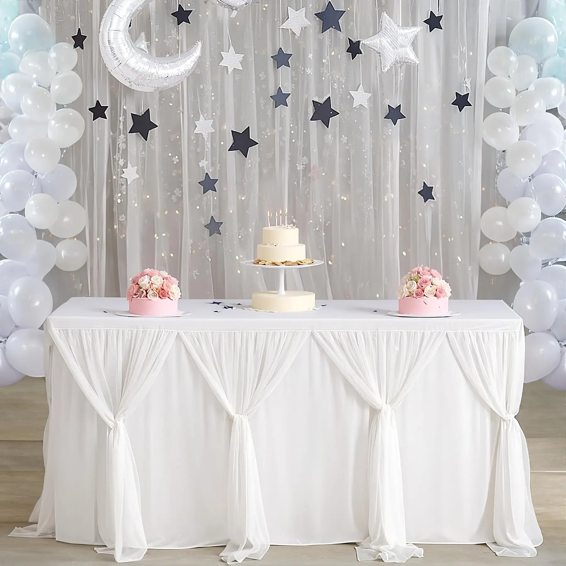 White Tulle Table Skirts for Rectangle Table Tutu Ruffle Tablecloth for Wedding Birthday Party Bridal Shower Dinner Decor