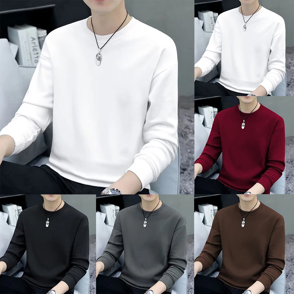 

Men Round Neck Shirts Long Sleeve T-Shirt Casual Undershirts Tees Tops Polyester Solid Color Spring And Autumn Sweatshirt