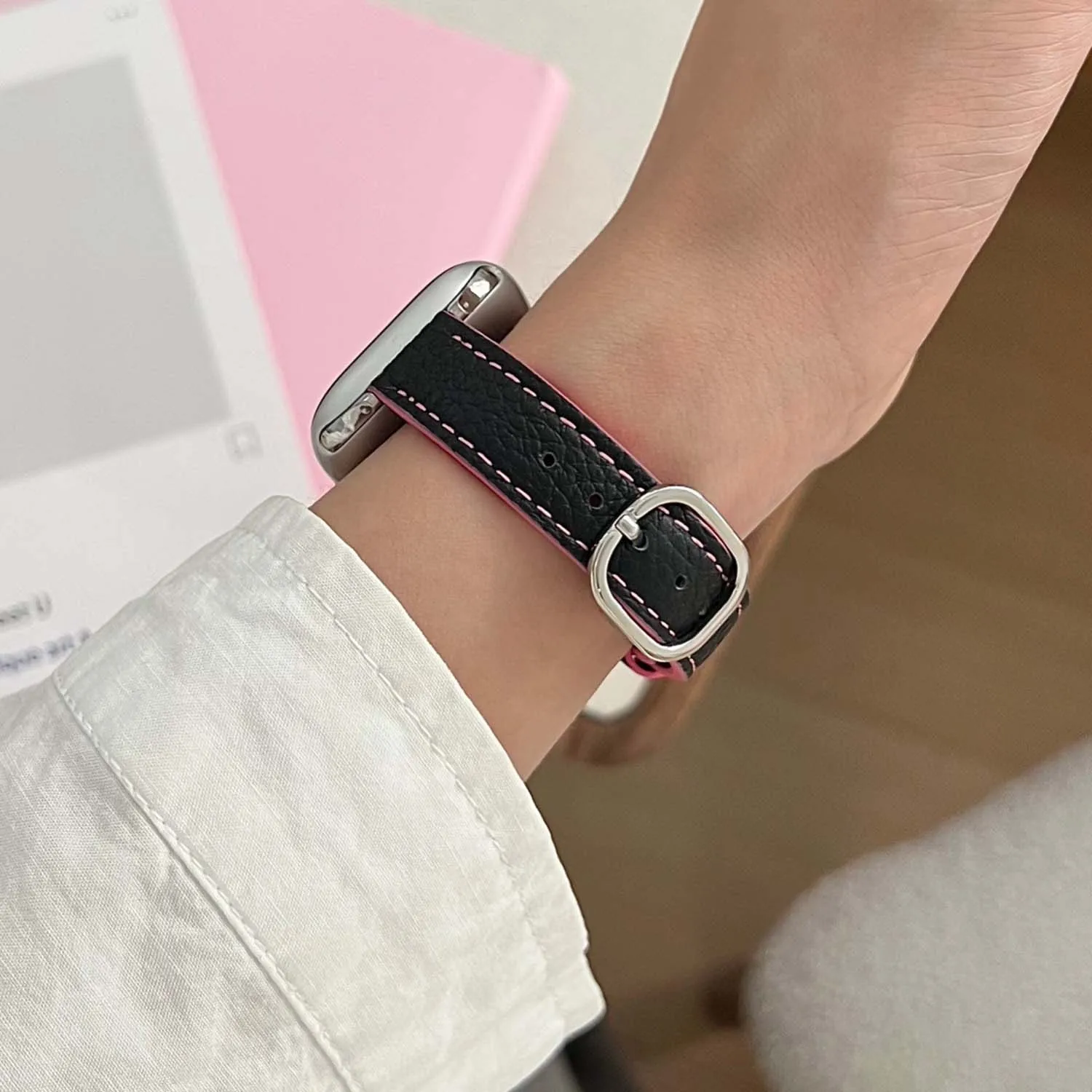 Hochwertiges, farbblockiertes, dünnes Lederarmband für Apple Watch iWatch S10 46 mm 42 mm 49–44 41/40/38 mm, modisches Damenarmband Ultra 8 – Detail 9