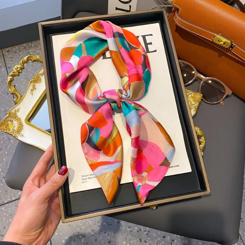70cm Colorful Graffiti Silk Scarf Flowers and Leaves Square Scarfs Women's Trendy Versatile Clothing and Bag Decorative Scarf 2