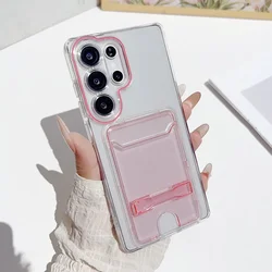 Transparent Card Holder Slot Bracket Case with Wallet Folding Stand and Candy Color Cover - Galaxy S23 Ultra (Pink)
