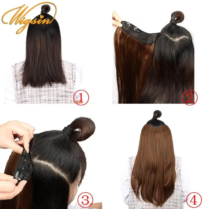 WIGSIN 합성 V자형 레이어드 4 클립 긴 스트레이트 헤어 익스텐션, 자연스러운 보이지 않는 헤어피스, 여성용 가발, 55cm