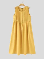 ZANZEA 2024 Summer Holiday Long Dress Solid Sleeveless Pleated Vestidos Korean Fashion Loose Sundress Casual Beach Tank Dresses - Image 5