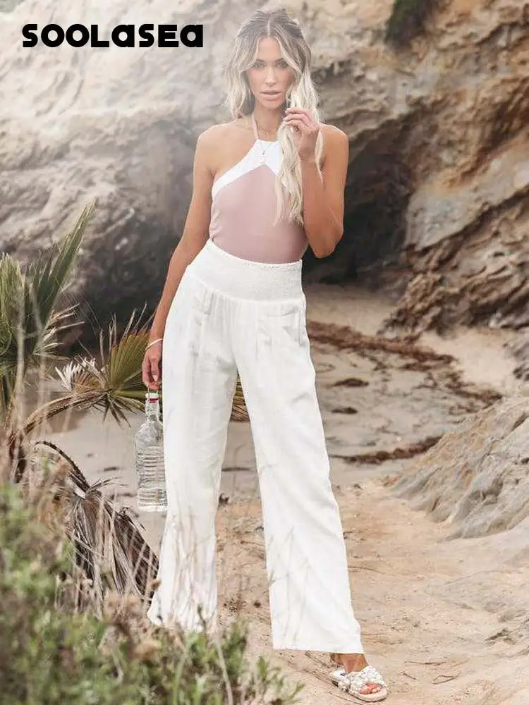 white capri pants Casual High Waist Loose Wide Leg Pants For Women Cotton Linen New Female Floor-Length White Pants Ladies Long Trousers baggy jeans Pants & Capris