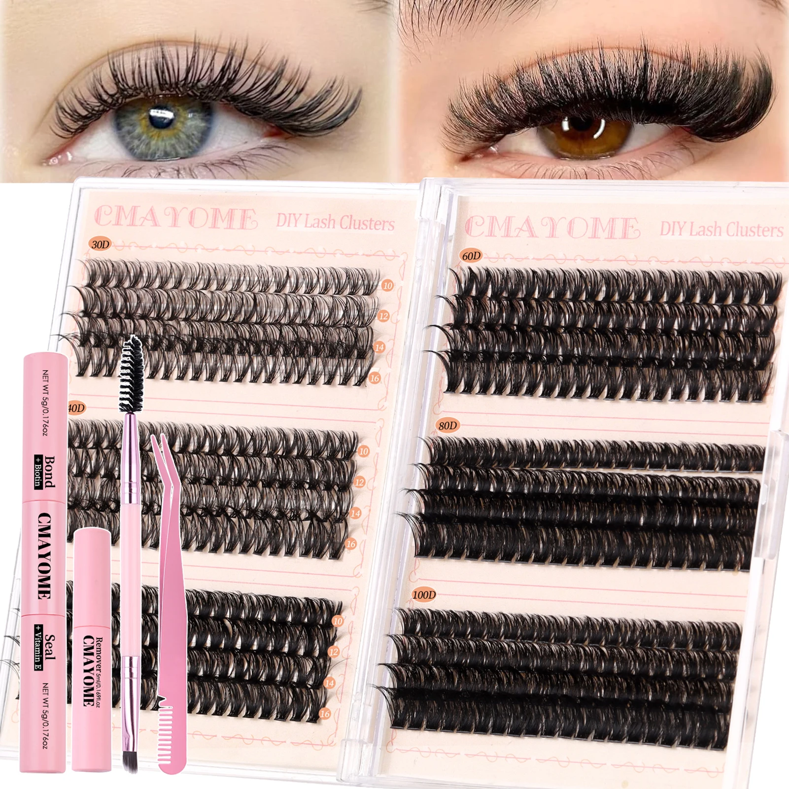 480pcs Lash Clusters Set Fluffy Thick False Eyelashes Extensions Bond Seal Remover 10-16mm Tweezer Sets