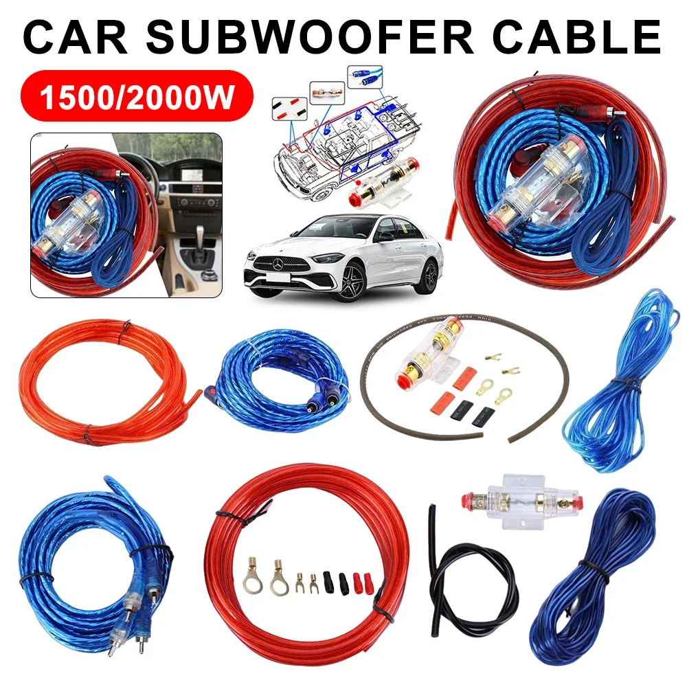 1500/2000W Car Subwoofer Cable 8GA Car Audio Speakers Wiring Kit RCA Power Cable 60 AMP Fuse Holder Audio Line Auto Parts