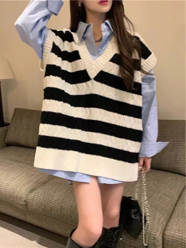Women Striped Sweater Vest Solid Outerwear V Neck Knitted Women