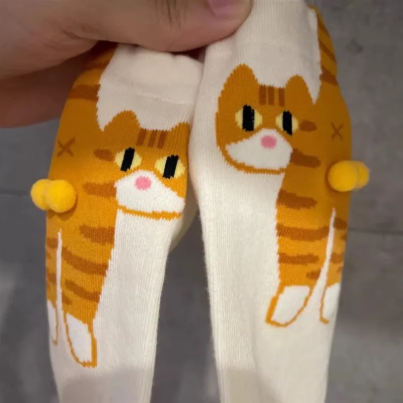 Cartoon Cute Cat 3D Funny Balls Cotton Socks Kawaii Lolita Knitting Socks Women Girl Middle Tube Sleep Sock Cat Print Floor Sock