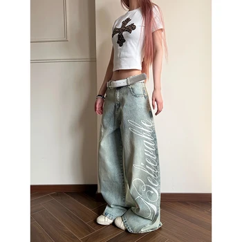 YIBASHU Women Vintage Blue Y2k Baggy Jeans Harajuku Letter Print Denim Trousers Streetwear Japanese 2000s Oversize Jeans Pants 1