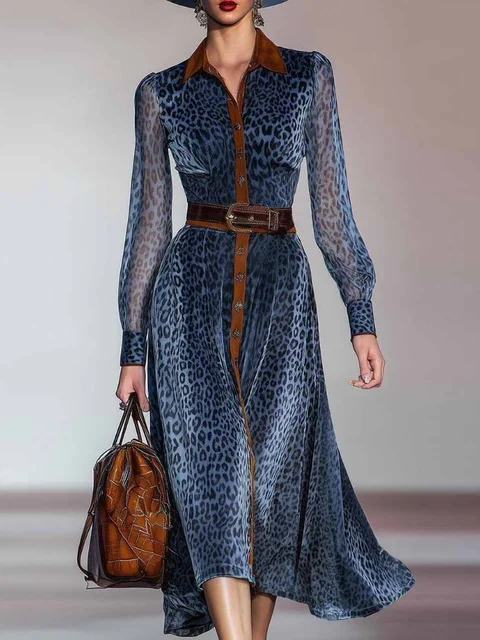Women Elegant Dress Leopard Printed Mesh Dress Colorblock Lapel Collar Single Breasted Vintage Chic Long Sleeve Dress