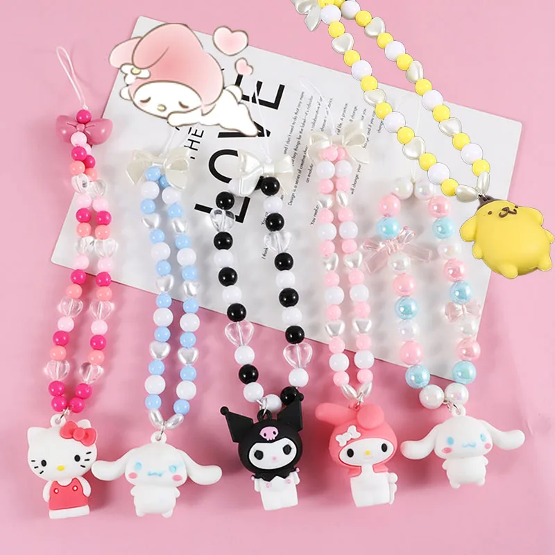 

Kawaii Sanrio Hello Kitty Beaded Phone Chain Melody Kuromi Cinnamoroll Purin Mobile Phone Anti-Lost Bow Charm Chain Pendant Gift