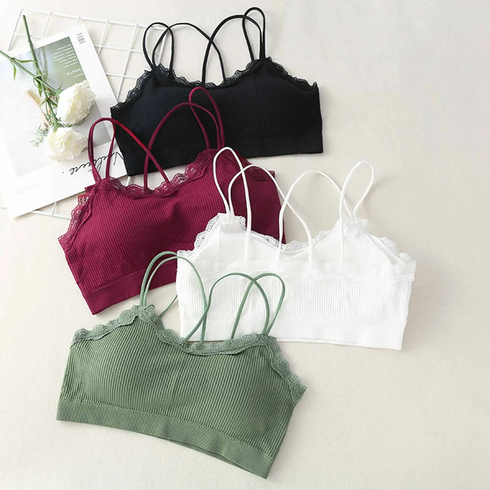 Womens Sexy Lace Camisole Padded Tube Tops Bra Comfort Tanks Intimate Underwear Crop Top Female Wireless Bra Solid Camisole