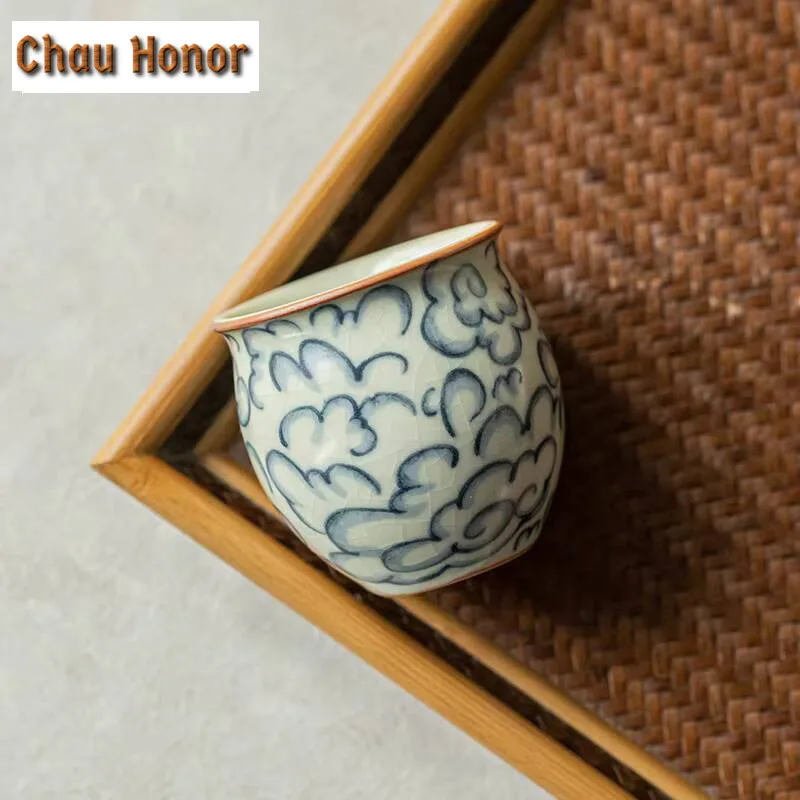 2pc/set Retro Ru Kiln Teacup Chinese Auspicious Clouds Cup Samll Single Master Cup Tasting Tea Mug Household Kung Fu Teaset 60ml