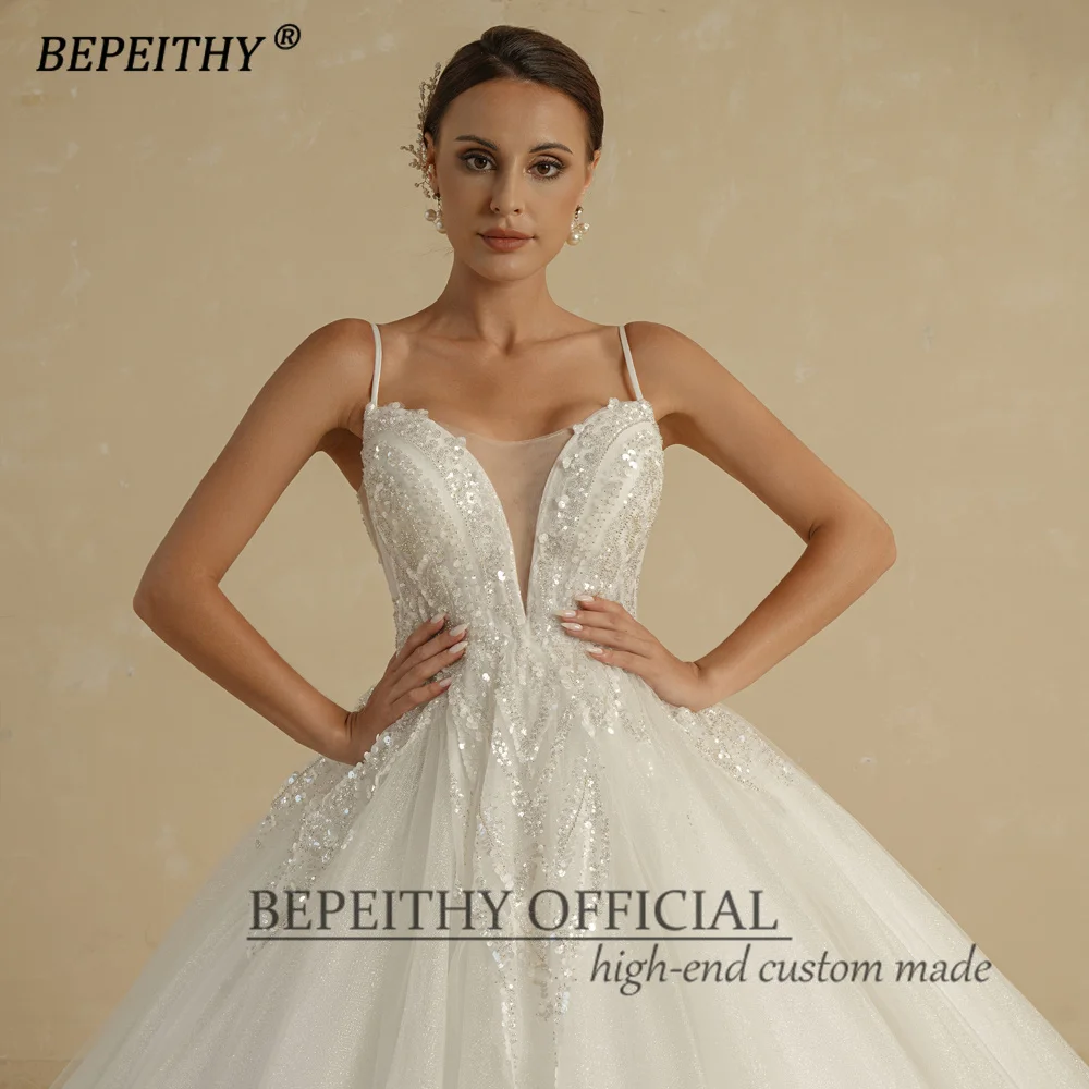 BEPEITHY Customized Luxury Wedding Dresses For Women Spaghetti Straps V Neck Court Train Glitter Bride Beading Bridal Ball Gown 4
