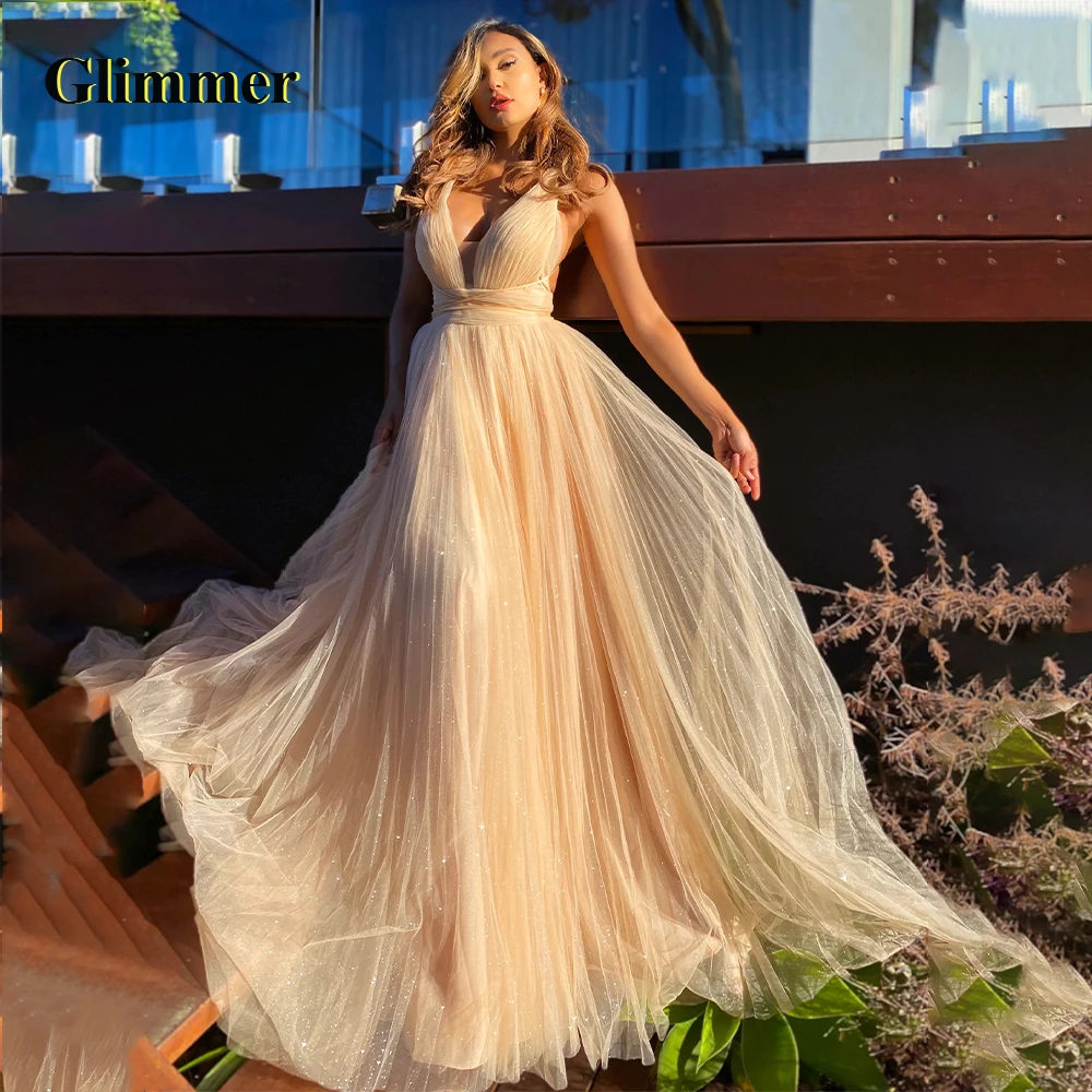 

Glimmer Bling Backless V-Neck Evening Dresses Formal Prom Gowns Made To Order Quinceanera Vestidos Fiesta Gala Robes De Soiree