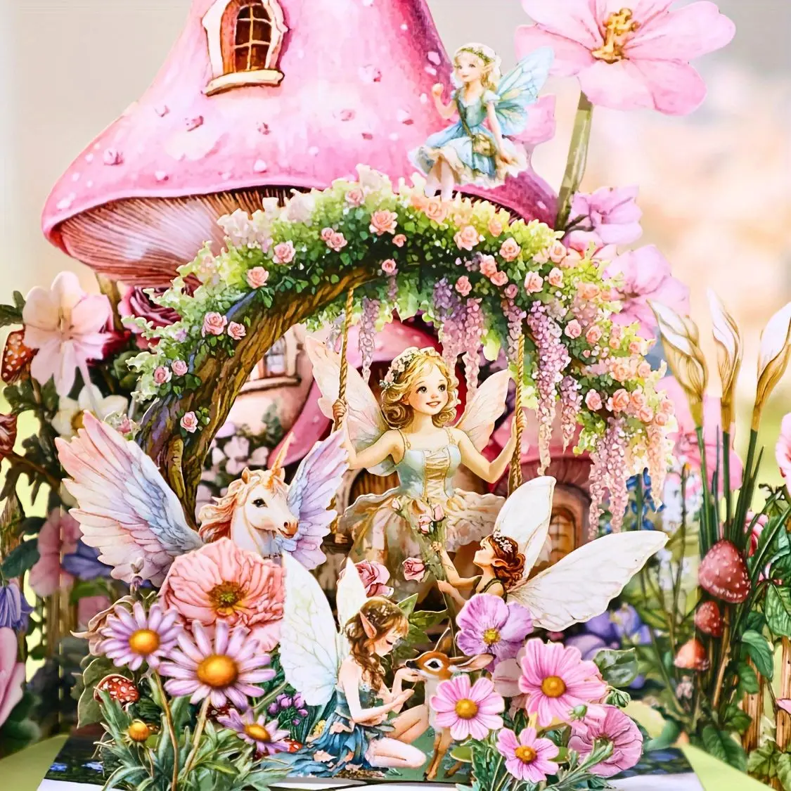 1pc 3D Angel Garden Pop-Up Card, Fairy Garden Happy Birthday Happy Valentine`s Day Mother`s Day Greeting Card with Note Card and