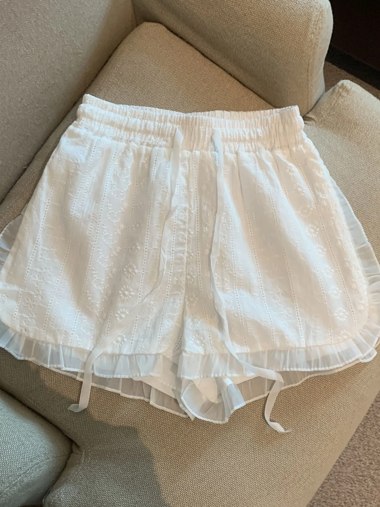 Lace Trim Hollow out orts Women's Summer Thin Season High Waist A-Line Wide Leg Pants Dstring Elastic Casual Trousers