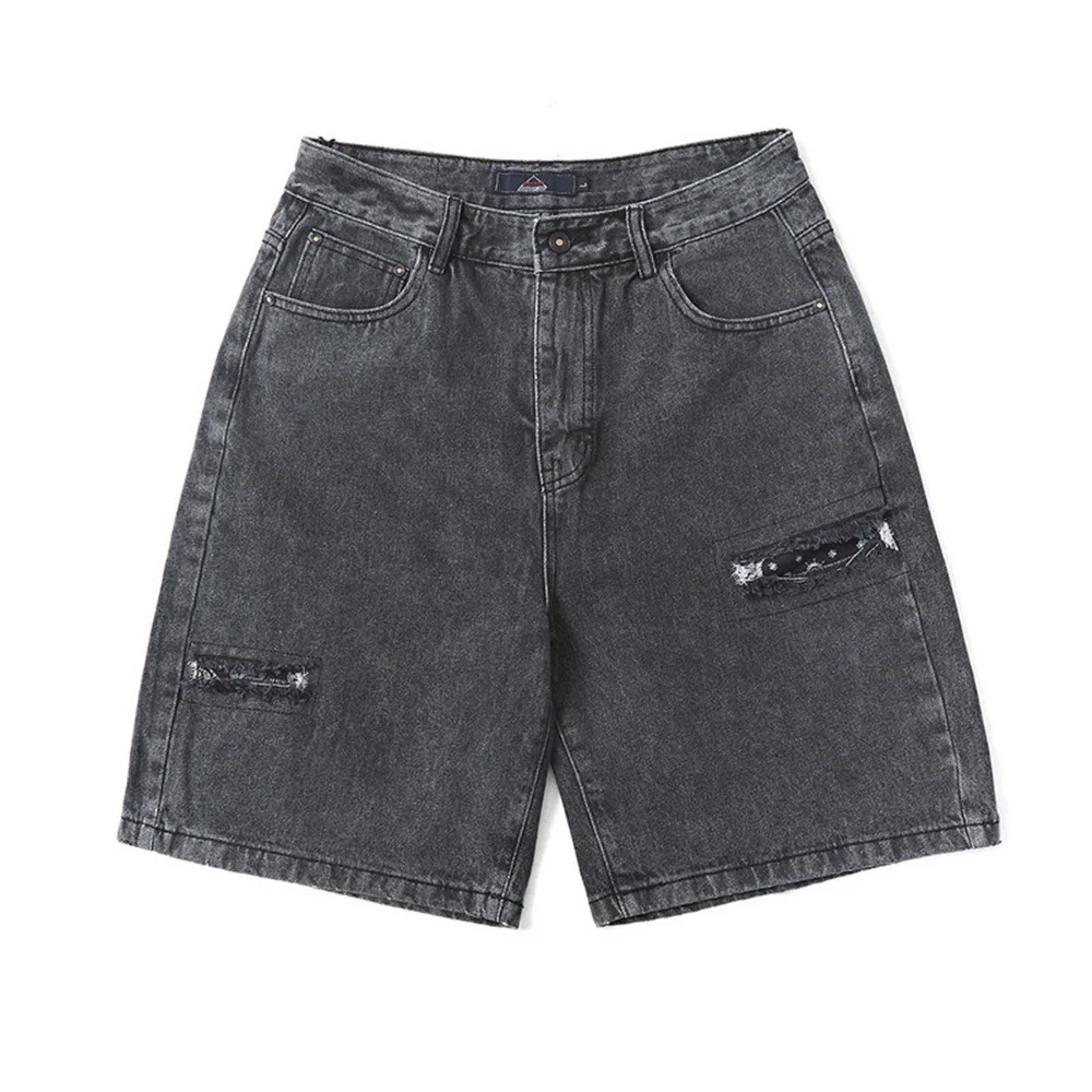 

Hip Hop Streetwear Jeans Short Vintage Ripped Hole Denim Shorts 2022 Men Harajuku Cashew Patch Cotton Casual Denim Cargo Shorts