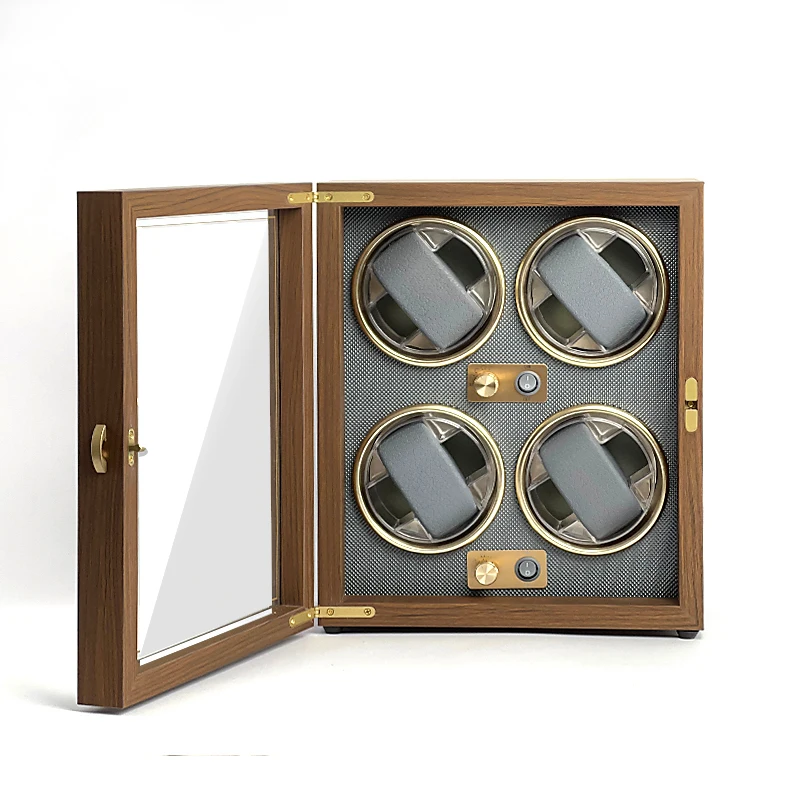 Walnut Grain Wooden Watch Winder for Automatic Watches 4 Box Display Collector Storage Wood with LED Light