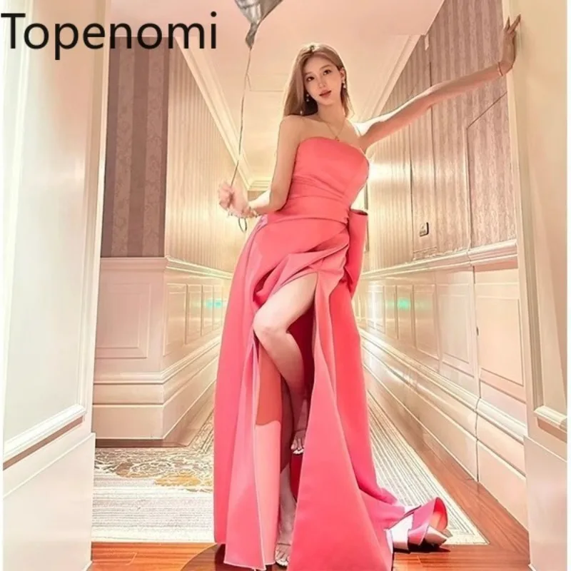 

Topenomi Sexy Pink Strapless Birthday Party Dress Women Korean Style High Split Backless Wedding Long Dresses Night Evening Gown