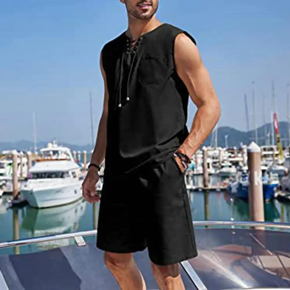 Casual Sports Suit Men\'s Sportswear Set Sleeveless V Neck Vest Elastic Waist Shorts with Patch Pockets Breathable Quick for Men