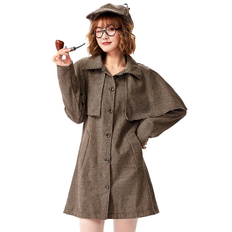 

British Style High Collar Long Sleeve Coat for Women Detective Cosplay Reasoning Script Play Game Outfit Adult Halloween Costume