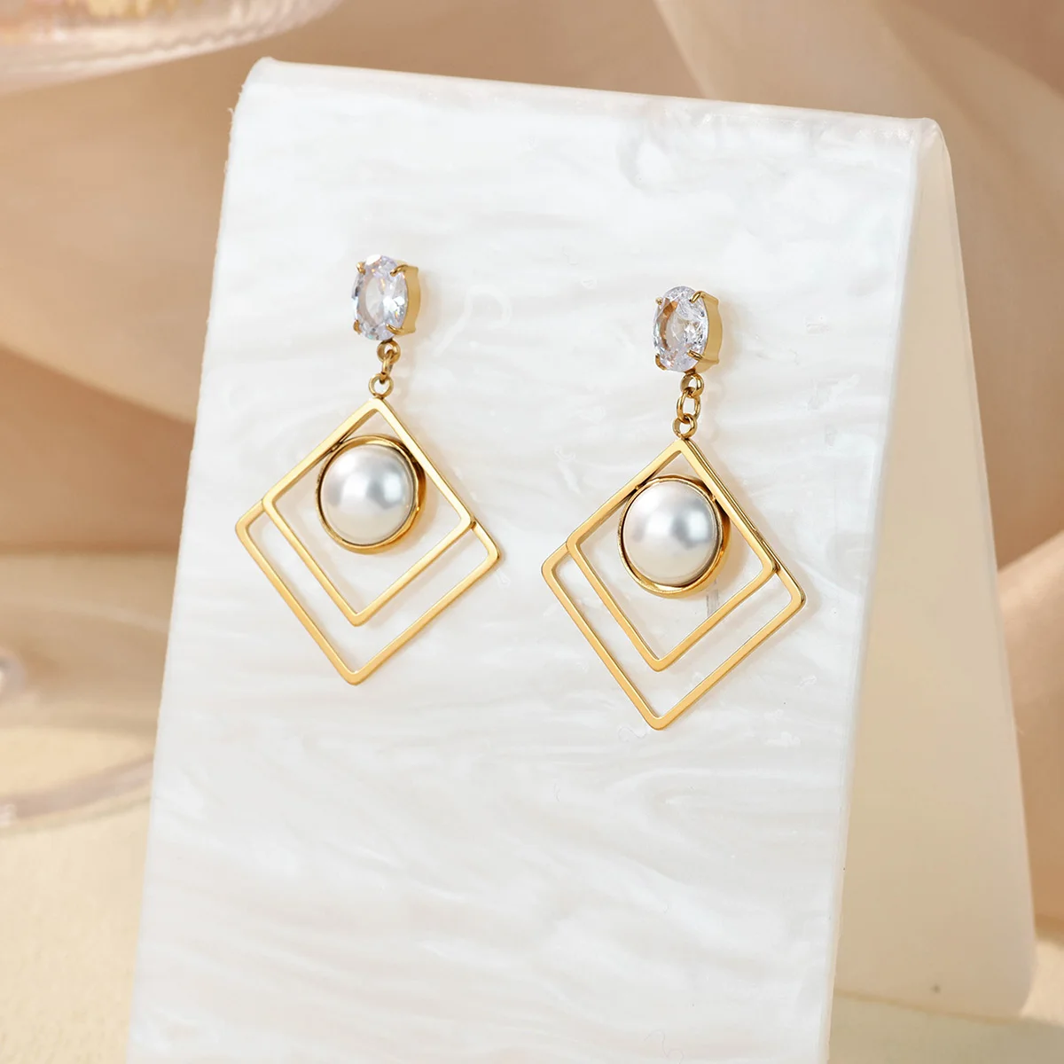 Pearl Zircon Hollow Geometric Earrings For Women Girls