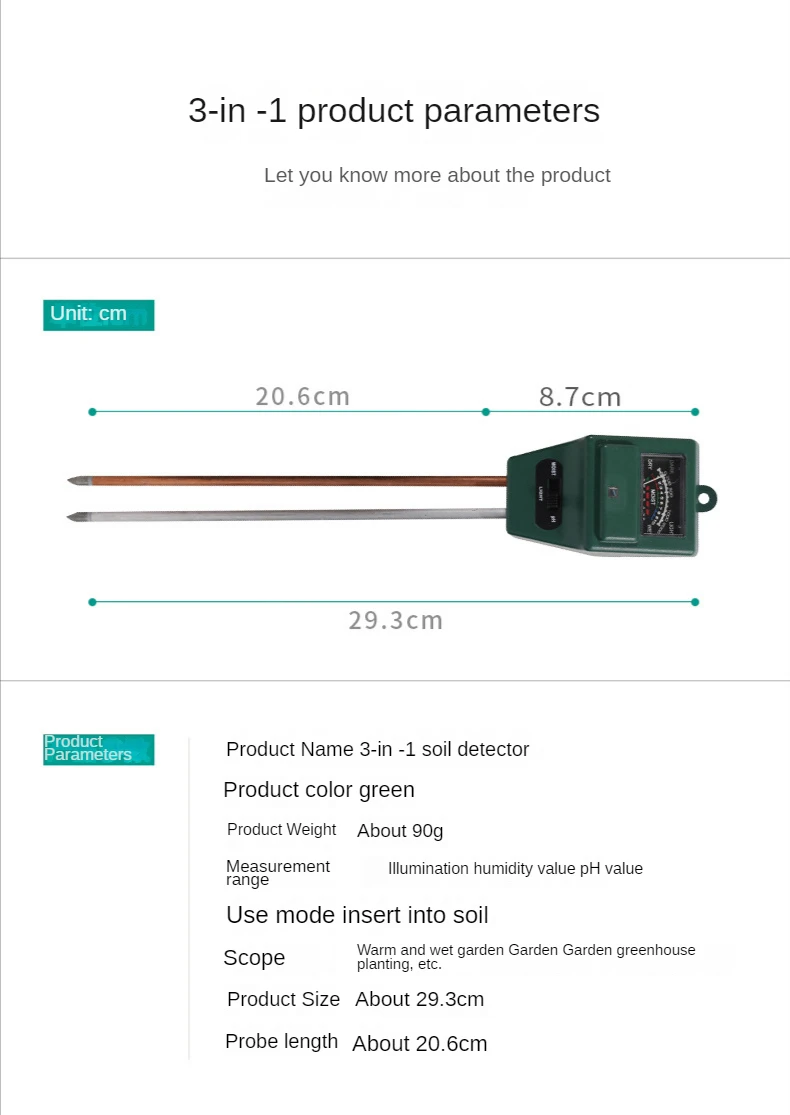 3 in 1 Soil PH Meter Hygrometer Soil Tester Plants Growth Moisture Light Intensity Meter Garden Plant Tool