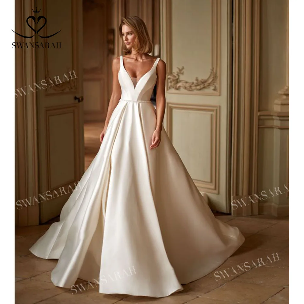 V-neck Sleeveless Wedding Dress 2025 Beading Open Back Court Train Princess Bride Gown SwanSarah P277 Plus Size Vestido De Novia