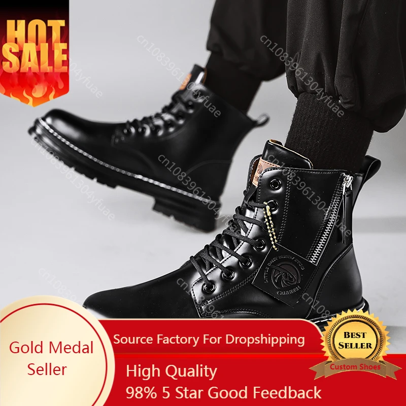 

Classic Black Leather Boots for Men Winter Fashion Platform Motorcycle Leather Boots Men Zipper Casual Mens Ankle Boots 2022