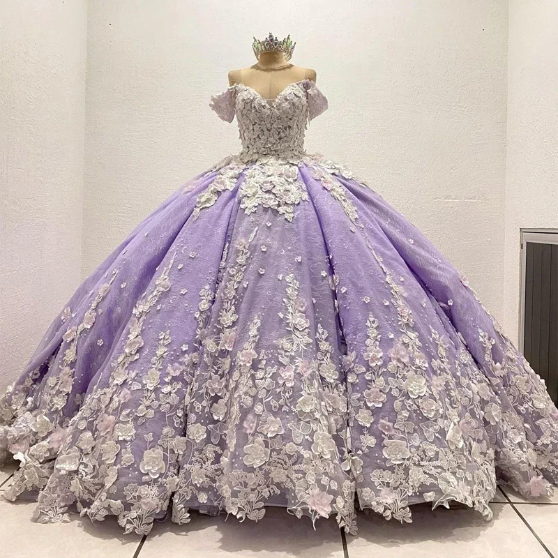 

Лавандовое мексиканское платье для девушек, бальное платье с 3D цветочной аппликацией, кружевное милое платье 16 принцесса платье, 15 лет