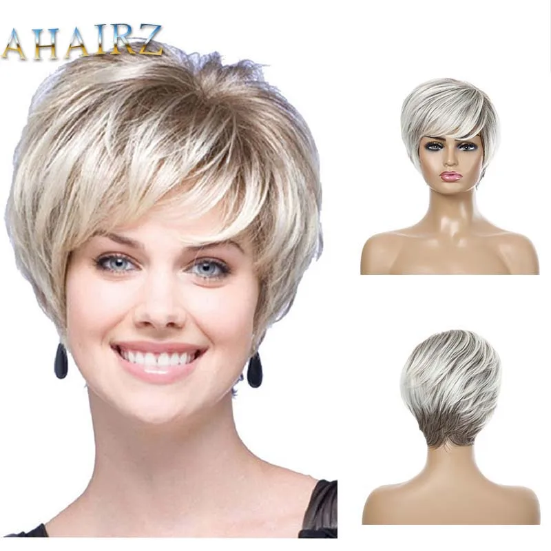 Short Pixie Cut Wig with Bangs Straight Light Gold Mixed Brown Synthetic Wig for Women Cosplay Daily Heat Resistant Hair Wigs