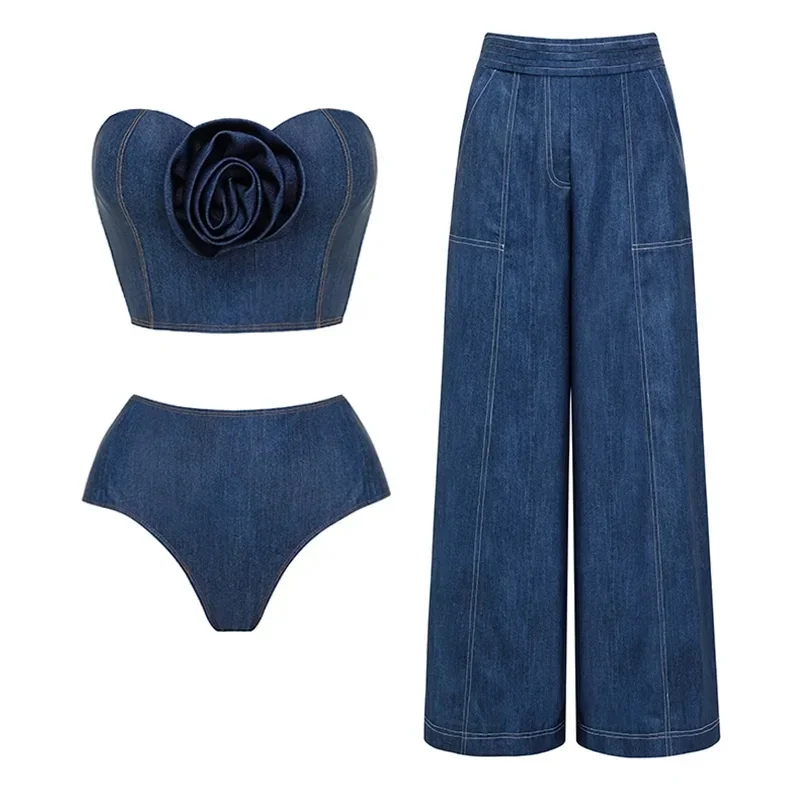 Detachable Shoulder Strap 3D Flower Denim Printed One piece Swimsuit Set Beachwear bikinis Bodysuit denim two pieces set
