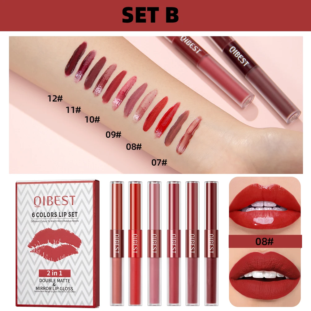 QIBEST Double-head Matte Velvet  Liquid Lipstick Long Lasting Non-Stick Cup Nude Mirror Lipgloss For Women Lips Makeup Cosmetics 6