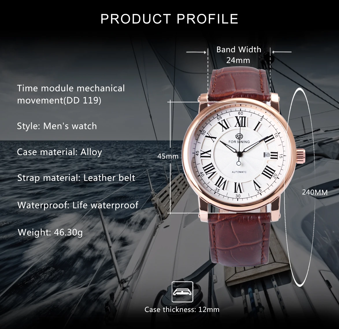 FORSINING Orologio Automatico Uomo Con Fasi Lunari - Meccanico A Carica Automatica, Cinturino In Vera Pelle 22mm, Cassa 44mm, 3 ATM, Regalo