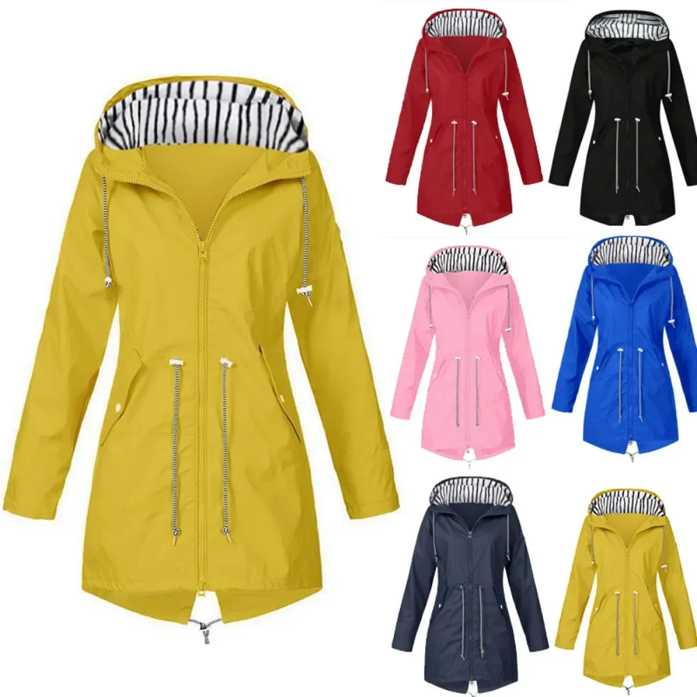 2024 New Women's Solid Rain Jacket Outdoor Hiking Hoodie Waterproof WindProof Long Coat Warm Outwear Clothing Windbreaker 5XL