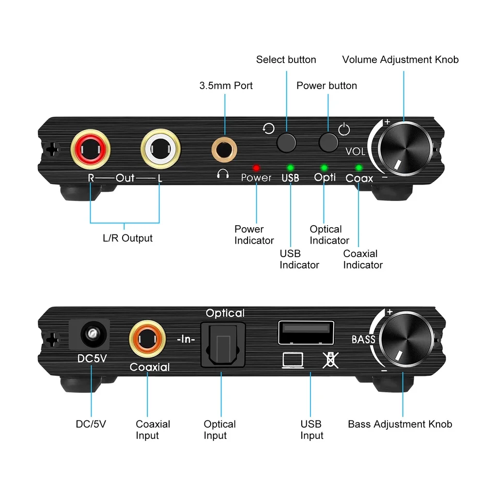 USB DAC 192kHz 24 비트 디지털 아날로그 변환기, 베이스 및 볼륨 제어, 동축 토스링크 스테레오 L/R RCA, PC 노트북 TV PS5 용