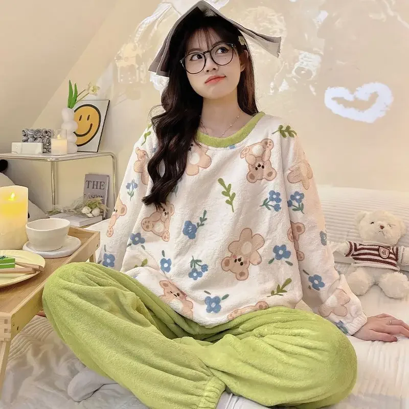 Coral Velvet Sleepwear Women Autumn Winter Flannle Pajamas Set Kawaii Clothing Warm Thick Homewear Korean Fleece Nightwear