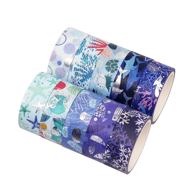 10Rcs Ocean Washi Tapes Kawaii Stationery Masking Tape Scrapbooking Supplies Gold Foil Washitape Decorative Adhesive Tape adhesive tape washi tape adhesive tapes masking tape