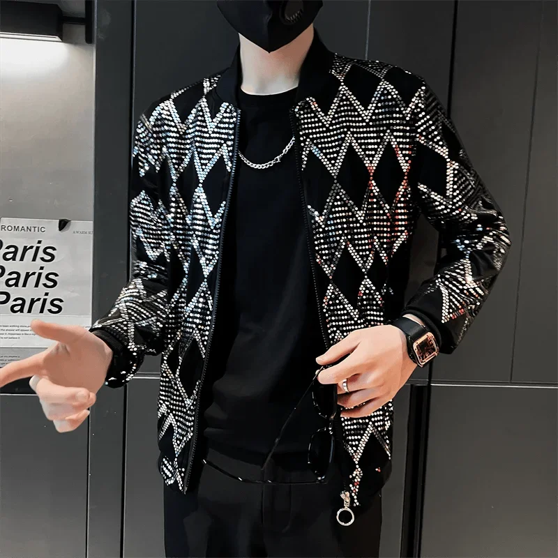 Elegant Fashion Harajuku Slim Fit Male Clothes Loose Casual All Match Outerwear O Neck Sequins Thin Style Long Sleeve Jacket youth boys waffle new round neck short sleeve t shirt suit summer trendy male students loose and handsome t shirt